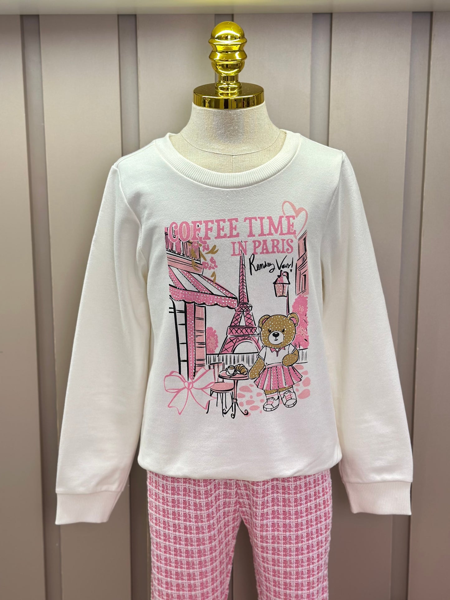 Conjunto Infantil Blusa Ursinha Paris e Legging Malha Tweed Rosa - Momi