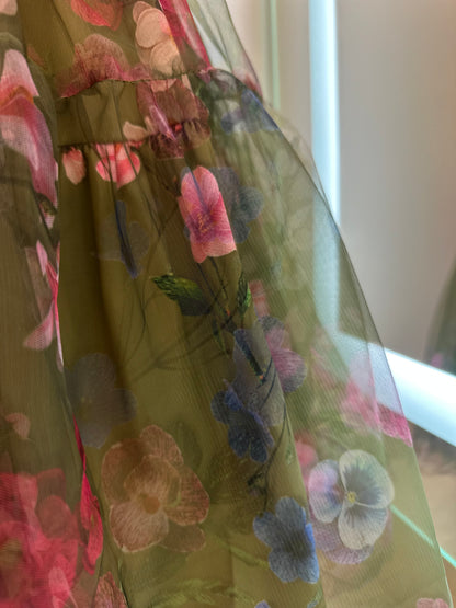 Vestido Infantil Conceito Tule Floral Bordado Verde Forest - Animê