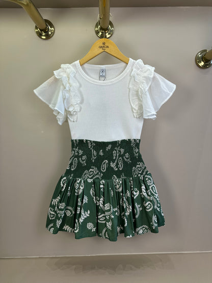 Conjunto Teen Blusa Babados Mangas Voil e Saia Viscose Verde Oliva - Two In