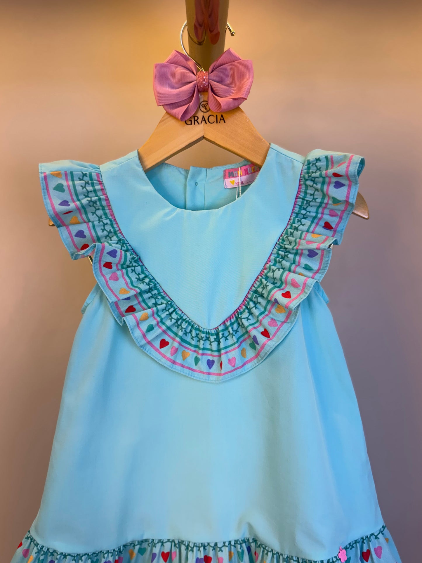 Vestido Infantil Tricoline Barrado Flores e Corações - Mon Sucre
