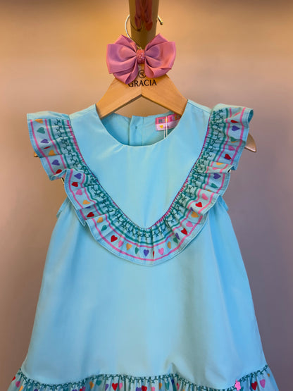 Vestido Infantil Tricoline Barrado Flores e Corações - Mon Sucre