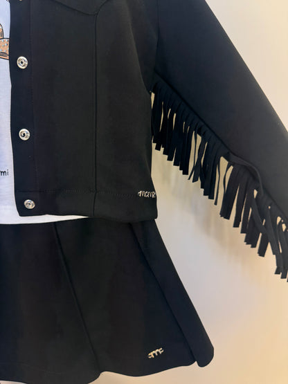 Conjunto Infantil Blusa Rodeio com Jaqueta Franjas e Saia Suede Preta - Momi