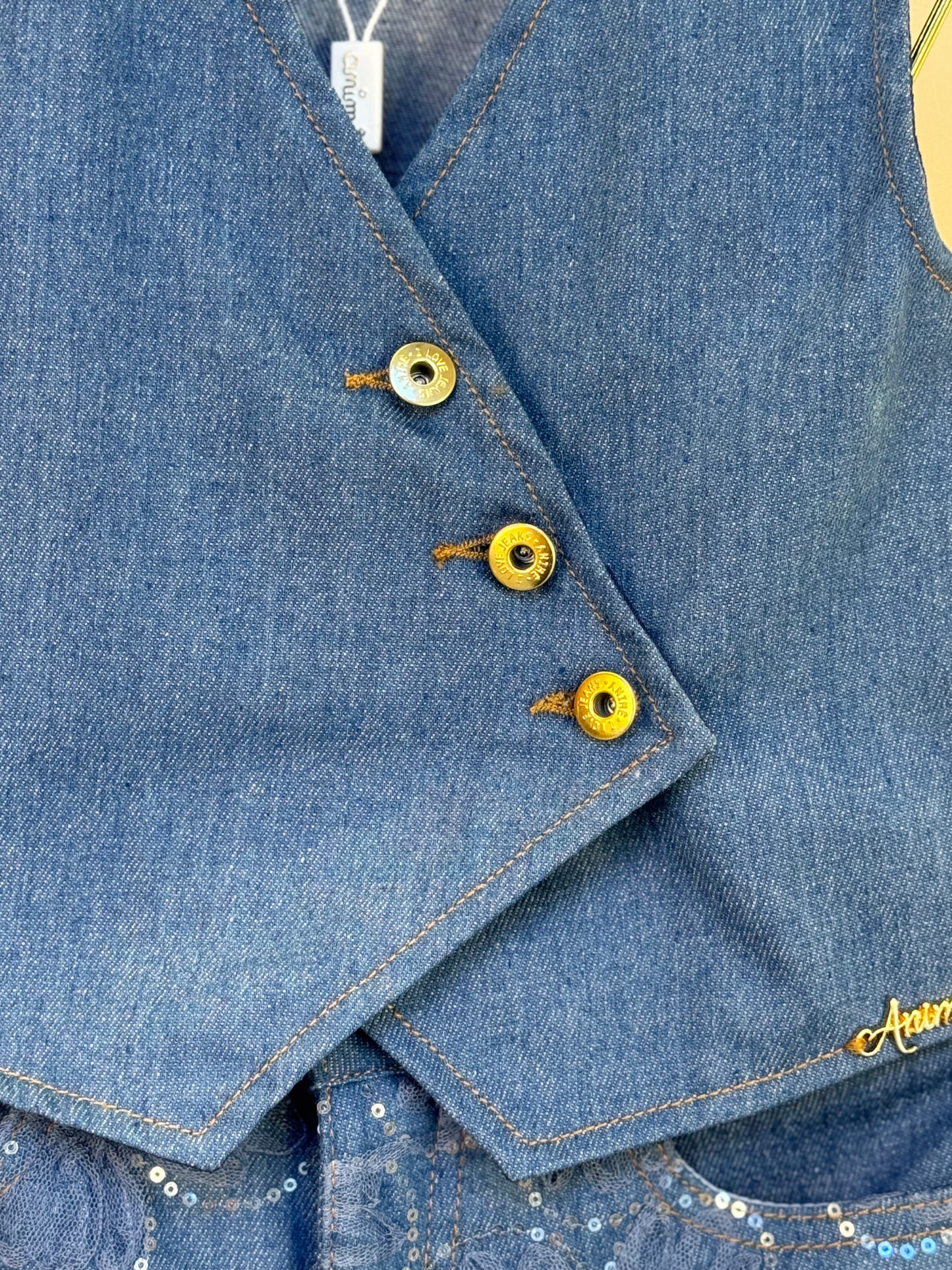 Conjunto Infantil Colete e Shorts Jeans Bordada Tule Flores - Animê