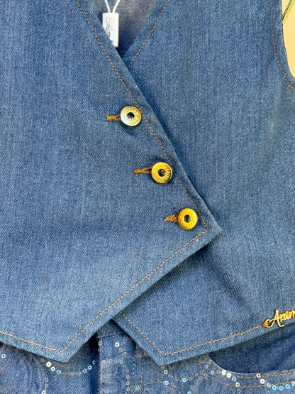 Conjunto Infantil Colete e Shorts Jeans Bordada Tule Flores - Animê