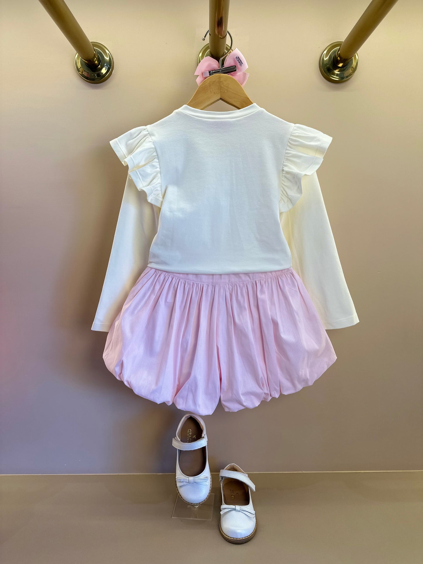 Conjunto Infantil Blusa ML Lacinho Branca e Shorts Balonê Rosa Claro - Luluzinha