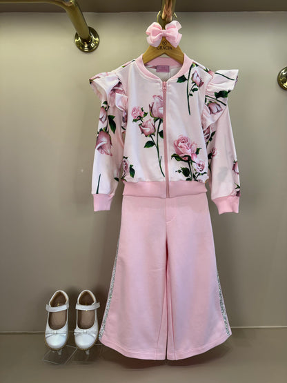 Conjunto Infantil Casaco Moletom Floral Babados e Calça Wide Leg Lateral Glitter Rosa - Luluzinha