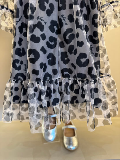 Vestido Infantil Rodado Tule Esclusivo Animal Print Aplicação Laço Strass - Luluzinha