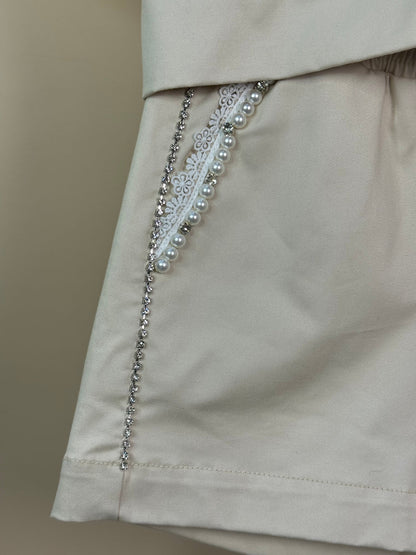 Conjunto Infantil Blusa Love Bordado Mangas Xadrez e Shorts Bordados Pérolas e Cristais - Pituchinhus