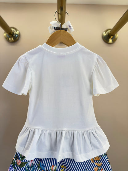 Conjunto Infantil Blusa Off White Flores Bordadas e Short Listrado Flores - Luluzinha