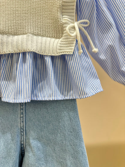 Conjunto Infantil Colete Tricot Off White e Calça Jeans Bordada Flores - Momi