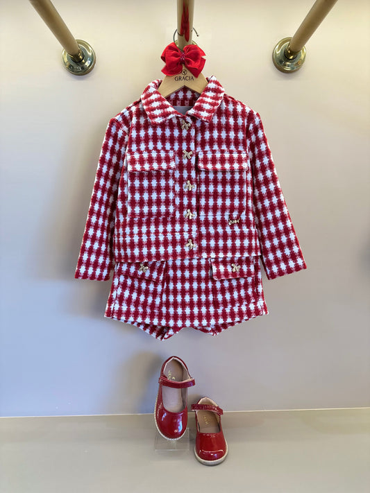 Conjunto Infantil Conceito Tweed Vermelho Casaco e Shorts Saia - Animê