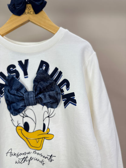 Conjunto Infantil Feminino Casaco Daisy Laço Off White com Calça Jeans Reta Laços Jeans Casual - Momi