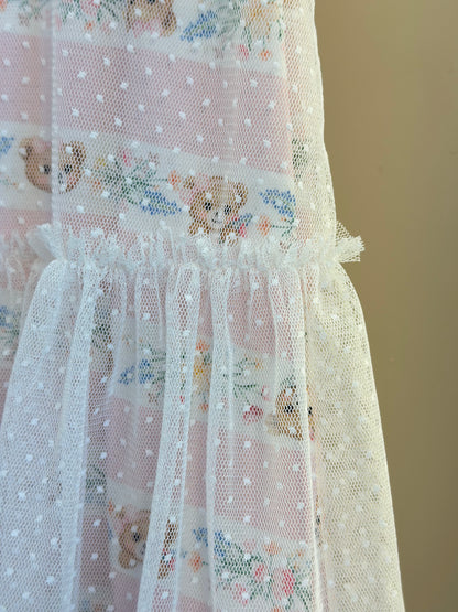 Vestido Infantil Trapézio Tule Poá Ursinha Bordado Lacinho Rosa - Petit Cherie