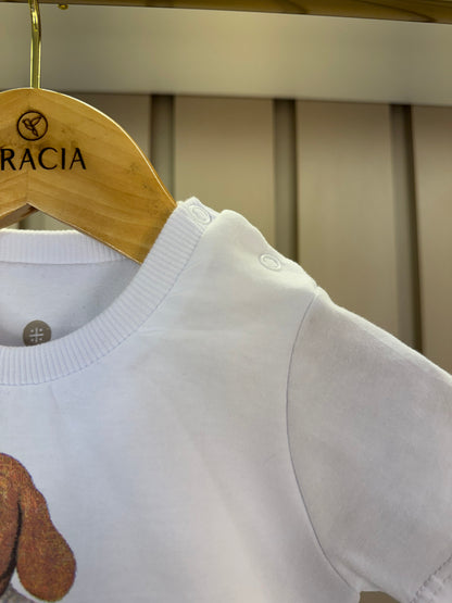 Conjunto Bebê Camiseta-Body Cachorrinho Futebol e Bermuda Bege - Um Mais Um