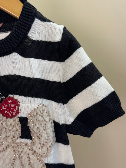Vestido Infantil Tricot Listrado Cachorrinho Cristais - Pituchinhus