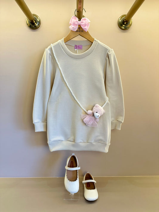 Vestido Infantil Bomber Moletom Bege  Bolsinha Ursinha Pérolas - Luluzinha
