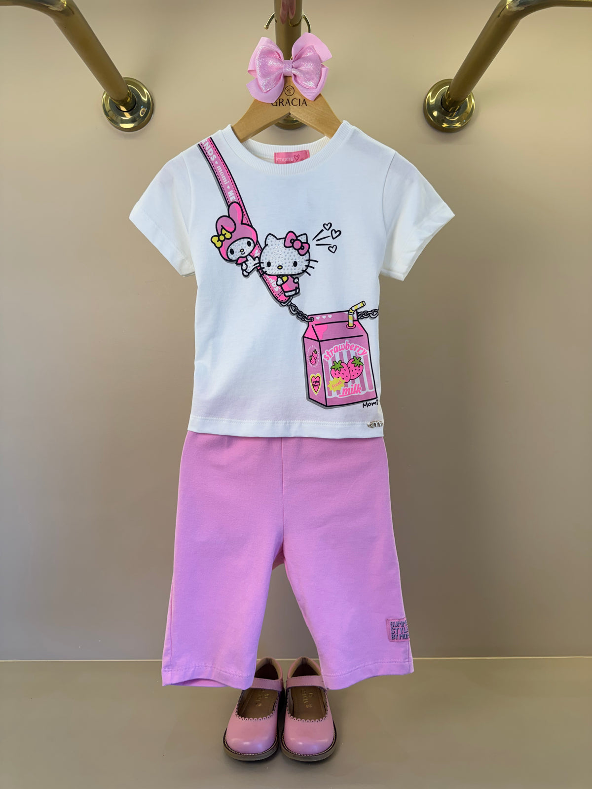 Conjunto Infantil Blusa Hello Kitty Com Strass e Shorts Legging Rosa - Momi