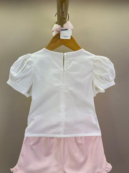 Conjunto Infantil Short Bailarinas E Blusa Bata Em Tricoline Off White - Gabriela Aquarela