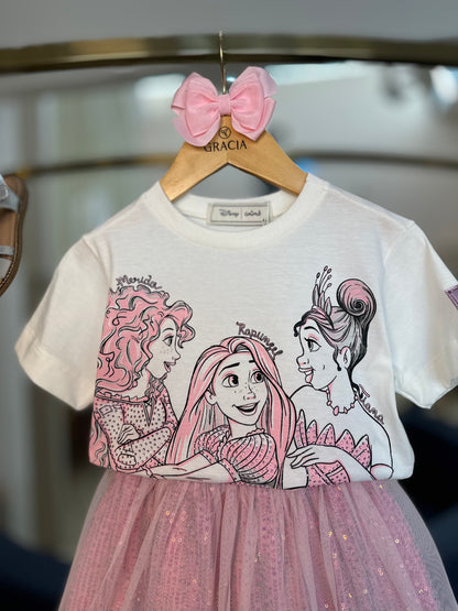 Conjunto Infantil Princesas Patch Disney e Saia Ballet Tule - Animê