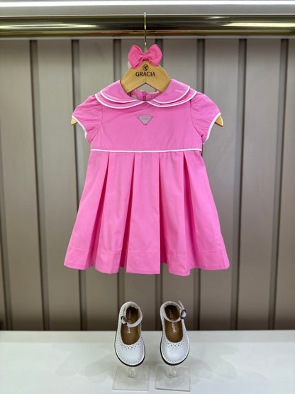 Vestido Bebê Algodão Com Calcinha E Gola Pregas Tricoline Pink - Um Mais Um