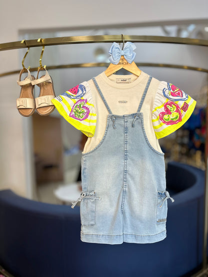 Jardineira Infantil Jeans Claro com Blusa Mangas Frutas - Animê