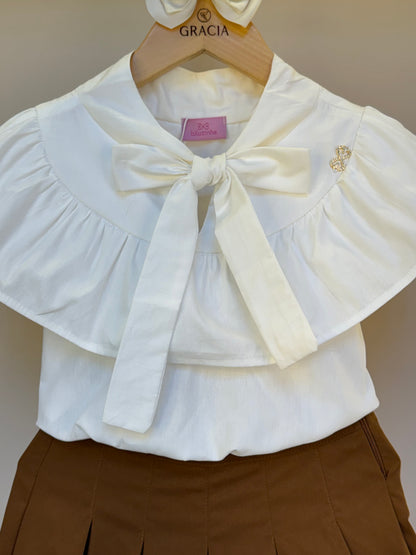Conjunto Infantil Blusa Gola Laço E Saia Pregas Sarja Terracota - Luluzinha