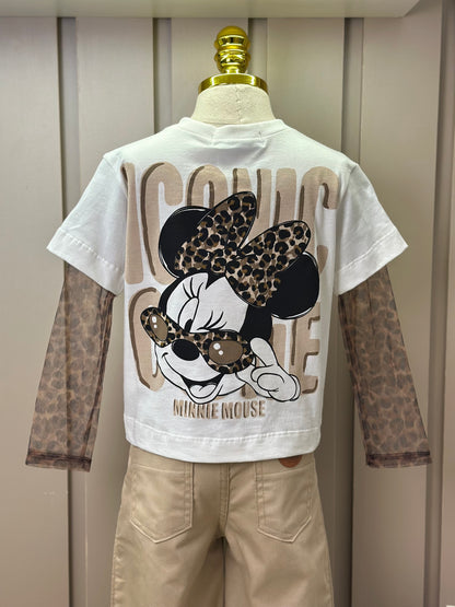 Conjunto Infantil Blusa Minnie Mangas Tule Animal Print  e Calça Sarja Pregas Bege - Animê