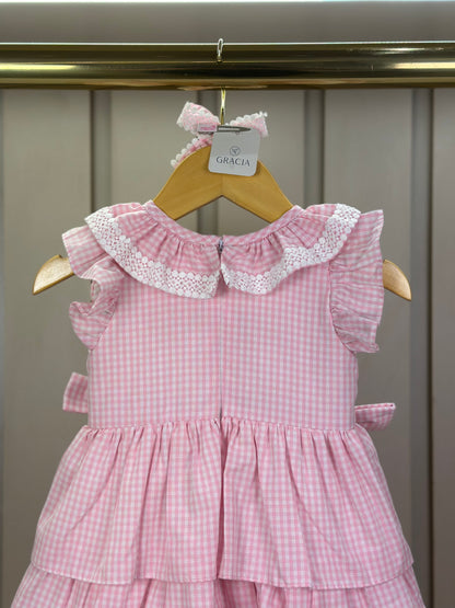 Vestido Infantil Clássico Golinha Renda Bordada Babados e Lacinhos Laterais Rosa - Roana