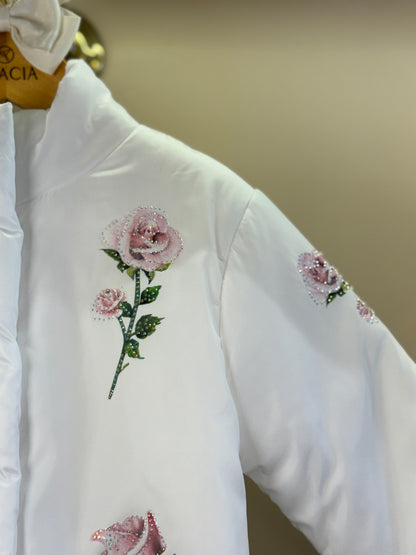 Casaco Infantil Conceito Doudone Bordado Flores Branco - Luluzinha