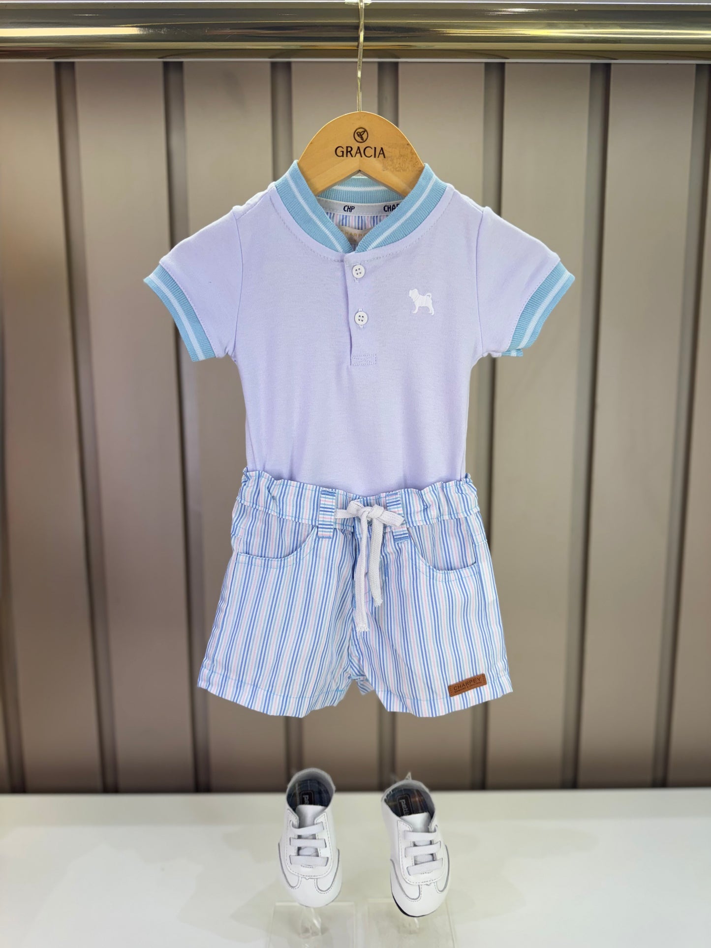 Conjunto Bebê Body Bata Golinha Azul e Bermuda Tricoline Listrada - Charpey