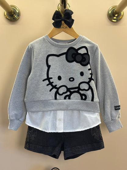 Conjunto Infantil Casaco Moletom Hello Kitty Mescla e Shorts Jeans  Black Laço Strass - Momi