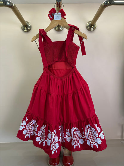 Vestido Infantil Midi Algodão Florais Rendados Vermelho - Um Mais Um