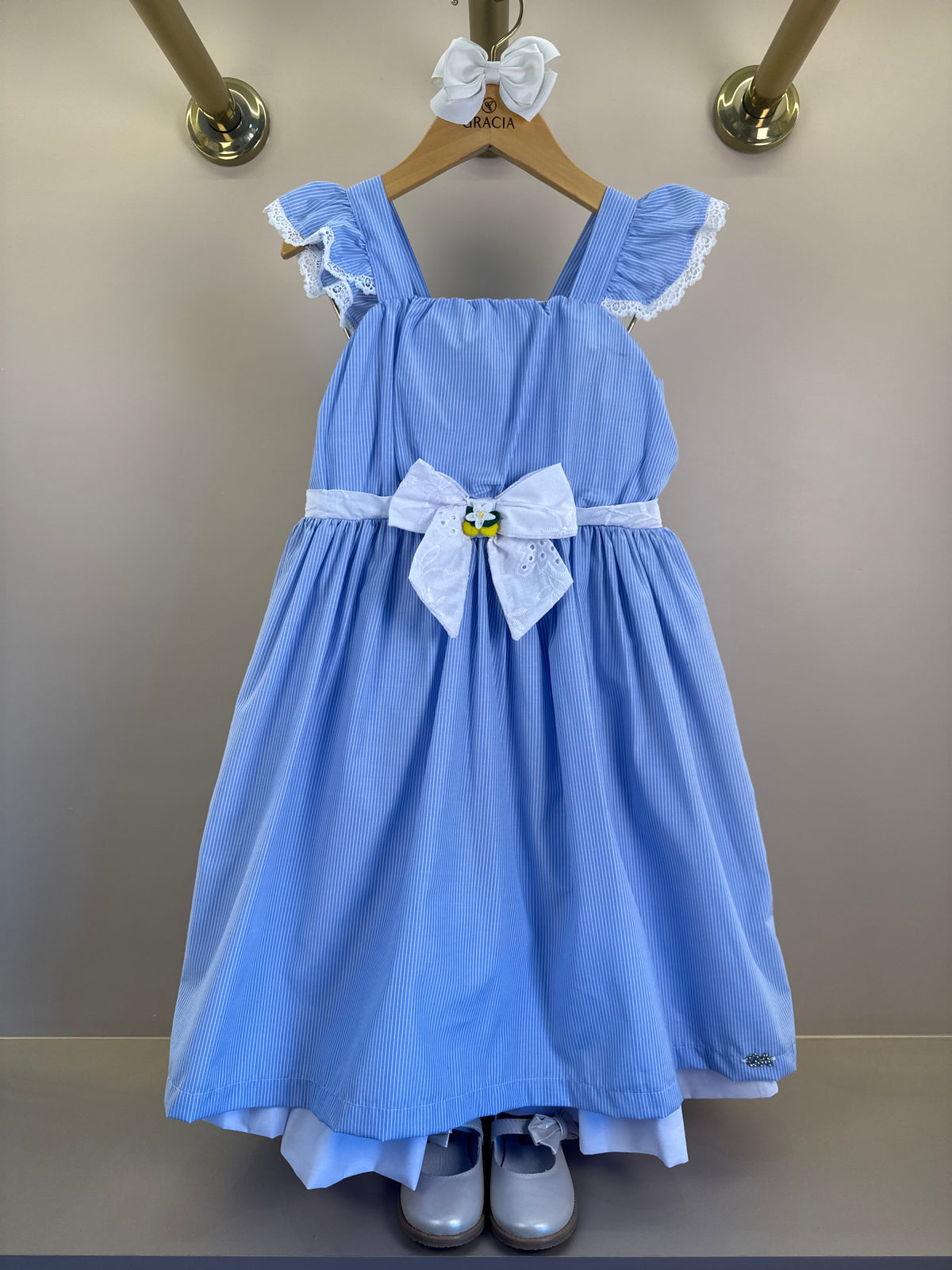 Vestido Infantil Tricoline Azul Listrado Laço Com Limões e Barra Em Tule - Gabriela Aquarela