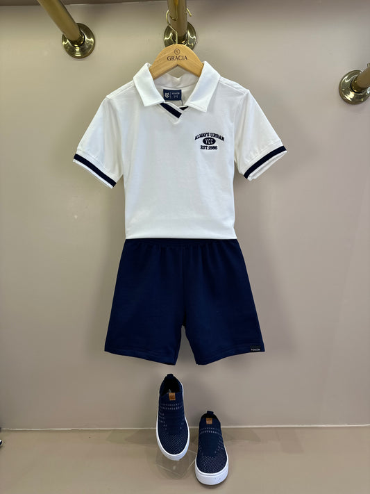 Conjunto Infantil Camisa Polo Branca e Bermuda Azul Marinho - Youccie