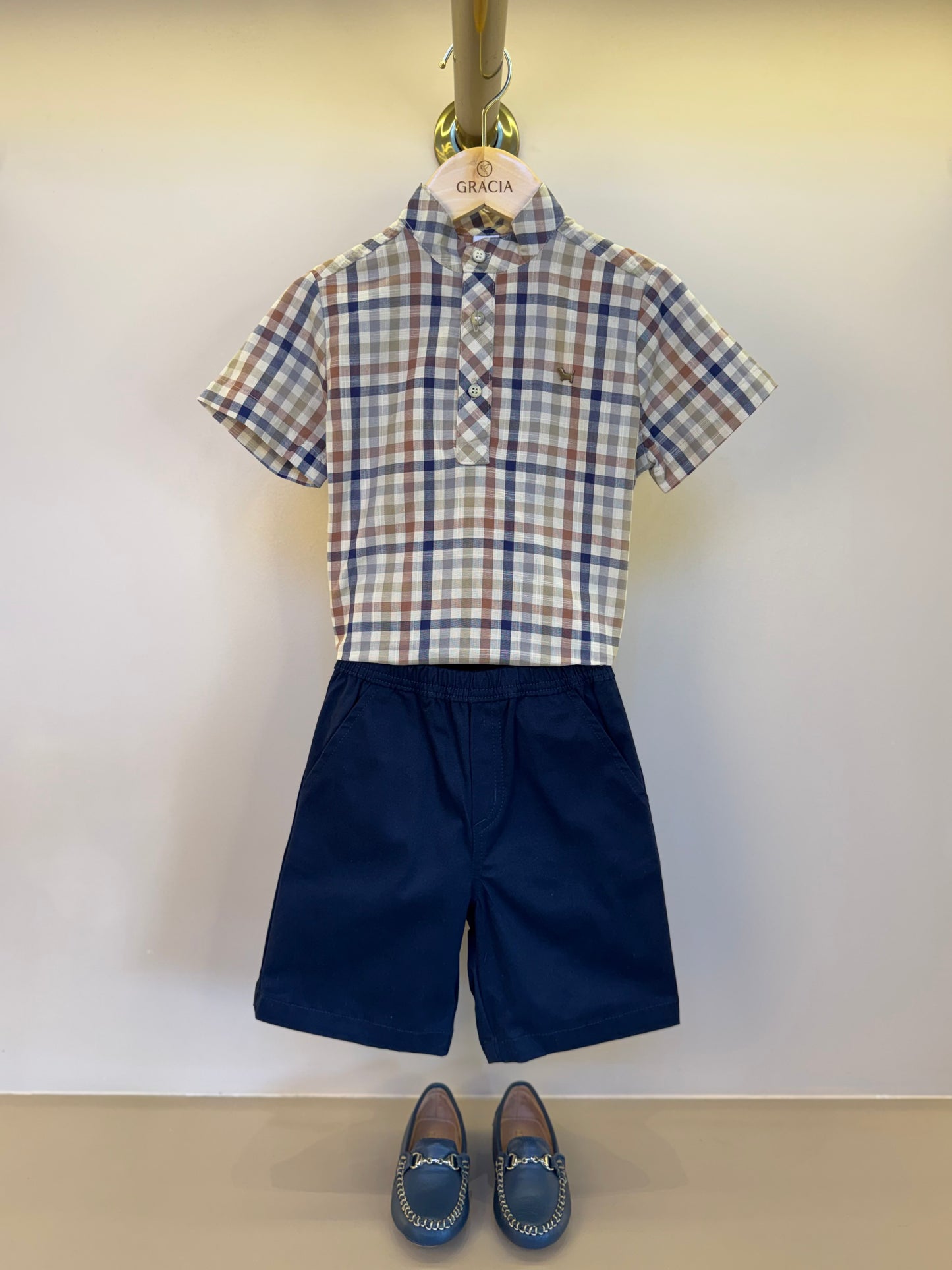 Conjunto Infantil Camisa Gola Padre Xadrez Fio Tinto e Bermuda Sarja Marinho - Um Mais Um