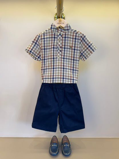 Conjunto Infantil Camisa Gola Padre Xadrez Fio Tinto e Bermuda Sarja Marinho - Um Mais Um
