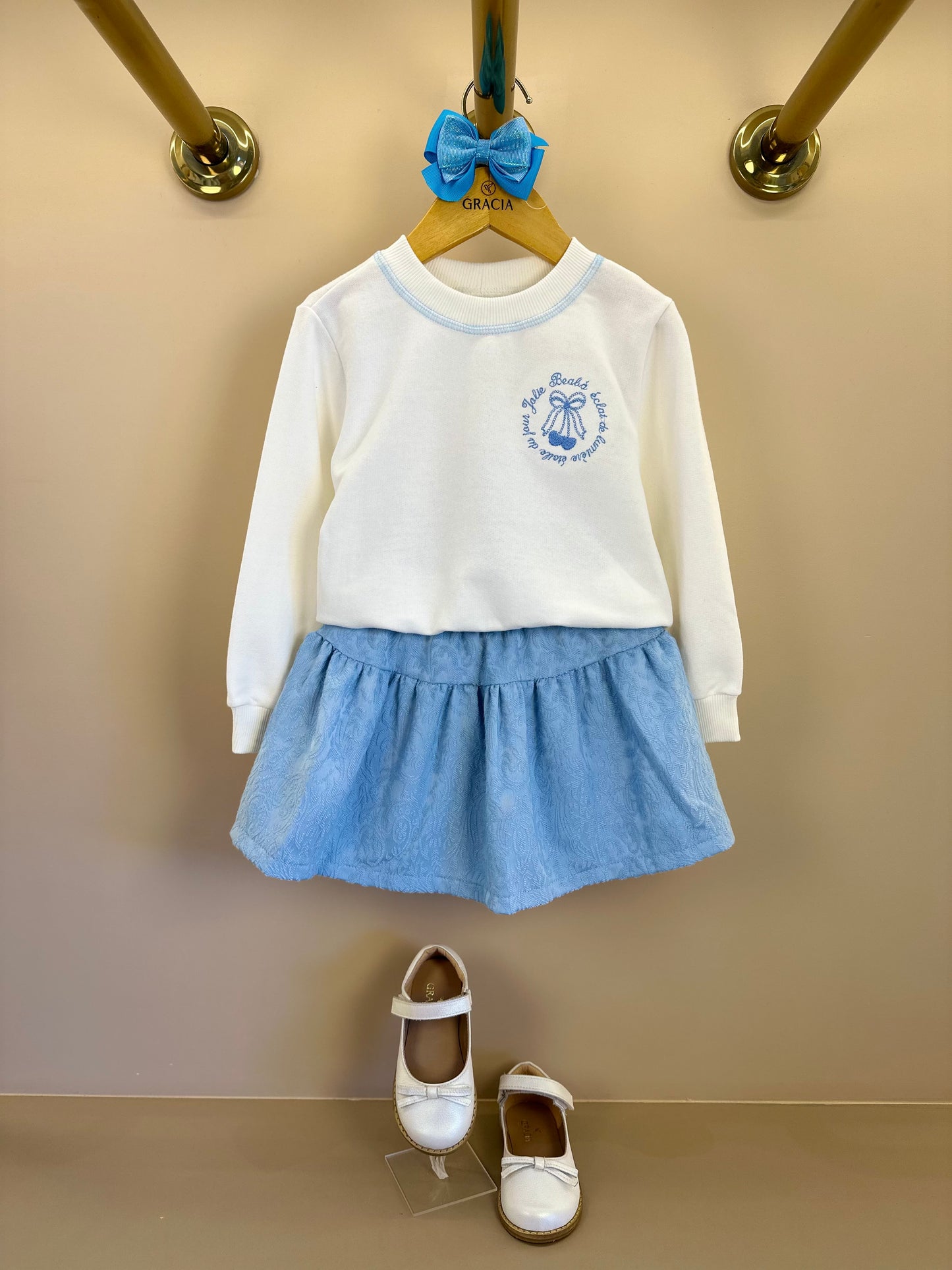 Conjunto Infantil Blusa Moletom ML Bordado e Saia Alfaiataria Jacquard Azul Claro - Beabá