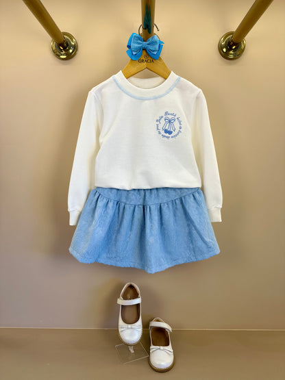 Conjunto Infantil Blusa Moletom ML Bordado e Saia Alfaiataria Jacquard Azul Claro - Beabá