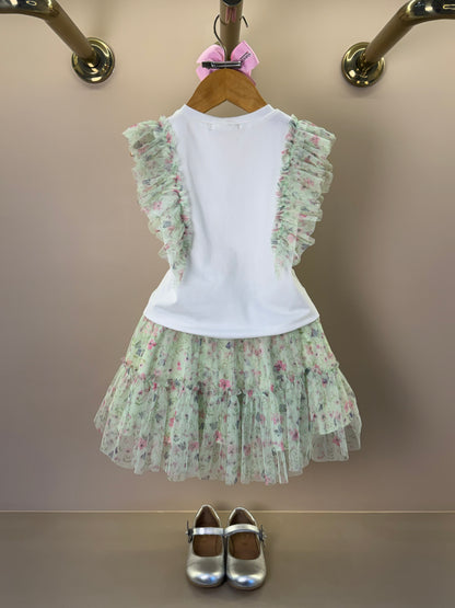 Conjunto Infantil Blusa Babados Tule e Saia Estampa Borboletinhas - Petit Cherie