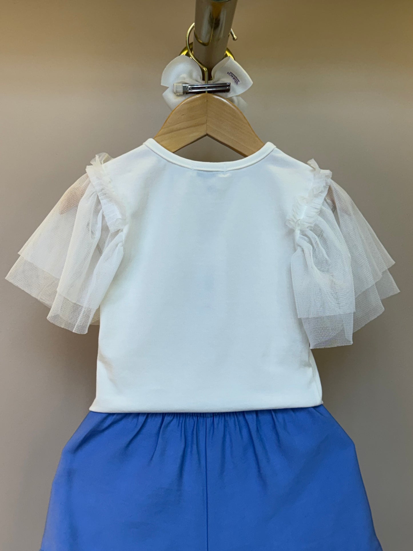 Conjunto Infantil Blusa Lacinho Manga Tule e Shorts Azul Médio - Infanti