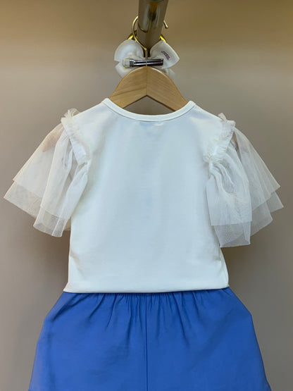 Conjunto Infantil Blusa Lacinho Manga Tule e Shorts Azul Médio - Infanti