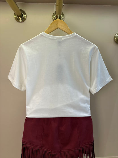 Conjunto Teen Camiseta Oversized Simply Sweet Strass e Saia Suede Franjas Vermelha - Two In