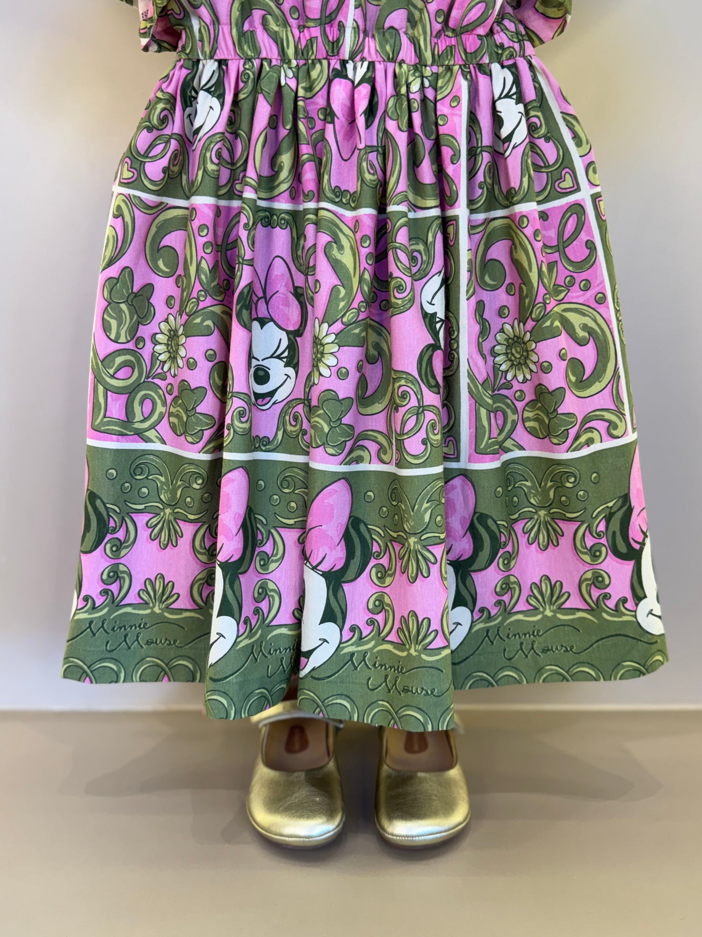 Vestido Infantil Algodão Maxi Minnie Barrado Rosa e Verde Forest - Animê