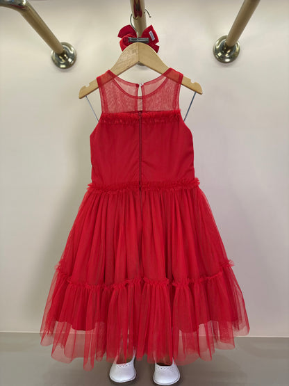 Vestido Infantil Tule Frufru Vermelho Laço Stress -Petit Cherie