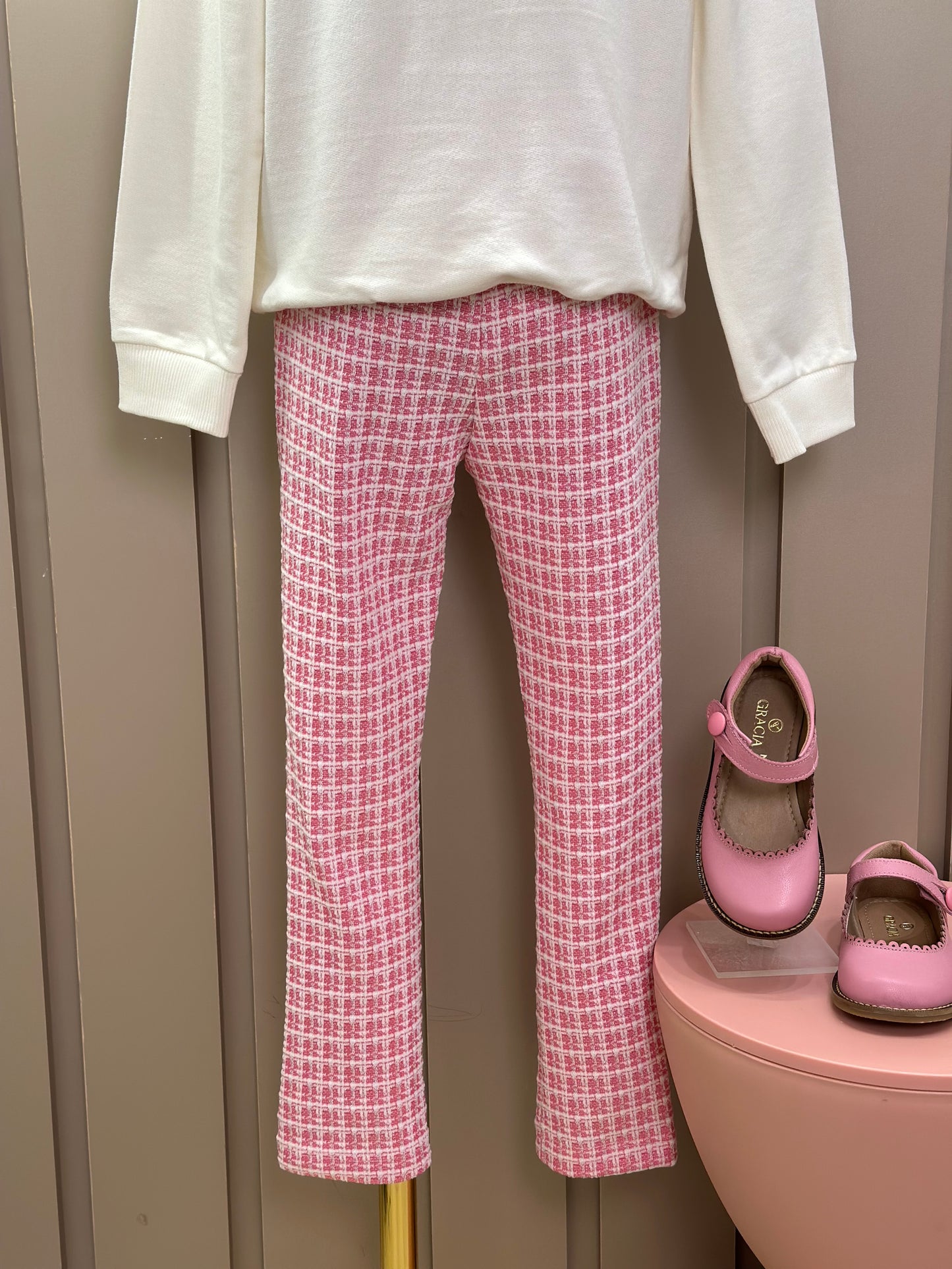 Conjunto Infantil Blusa Ursinha Paris e Legging Malha Tweed Rosa - Momi
