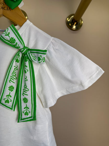 Conjunto Infantil Blusa Laço Estampado e Saia Bordado Verde - Momi