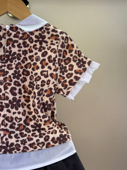 Conjunto Infantil Blusa Estampa Oncinha e Saia-Short Like Leather Preto - Gabriela Aquarela