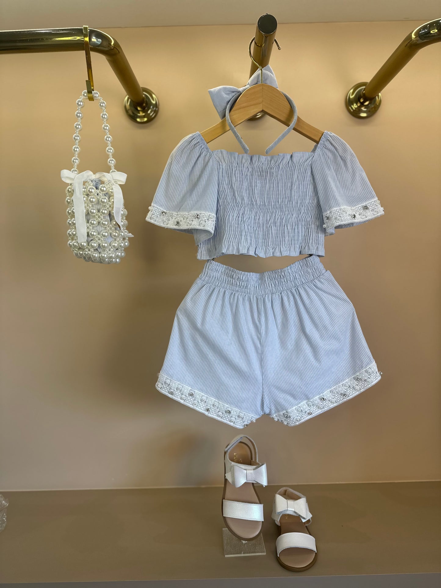 Conjunto Infantil Blusa e Shorts Algodão Listrado Renda Bordada - Pituchinhus