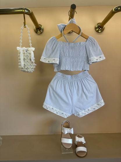 Conjunto Infantil Blusa e Shorts Algodão Listrado Renda Bordada - Pituchinhus