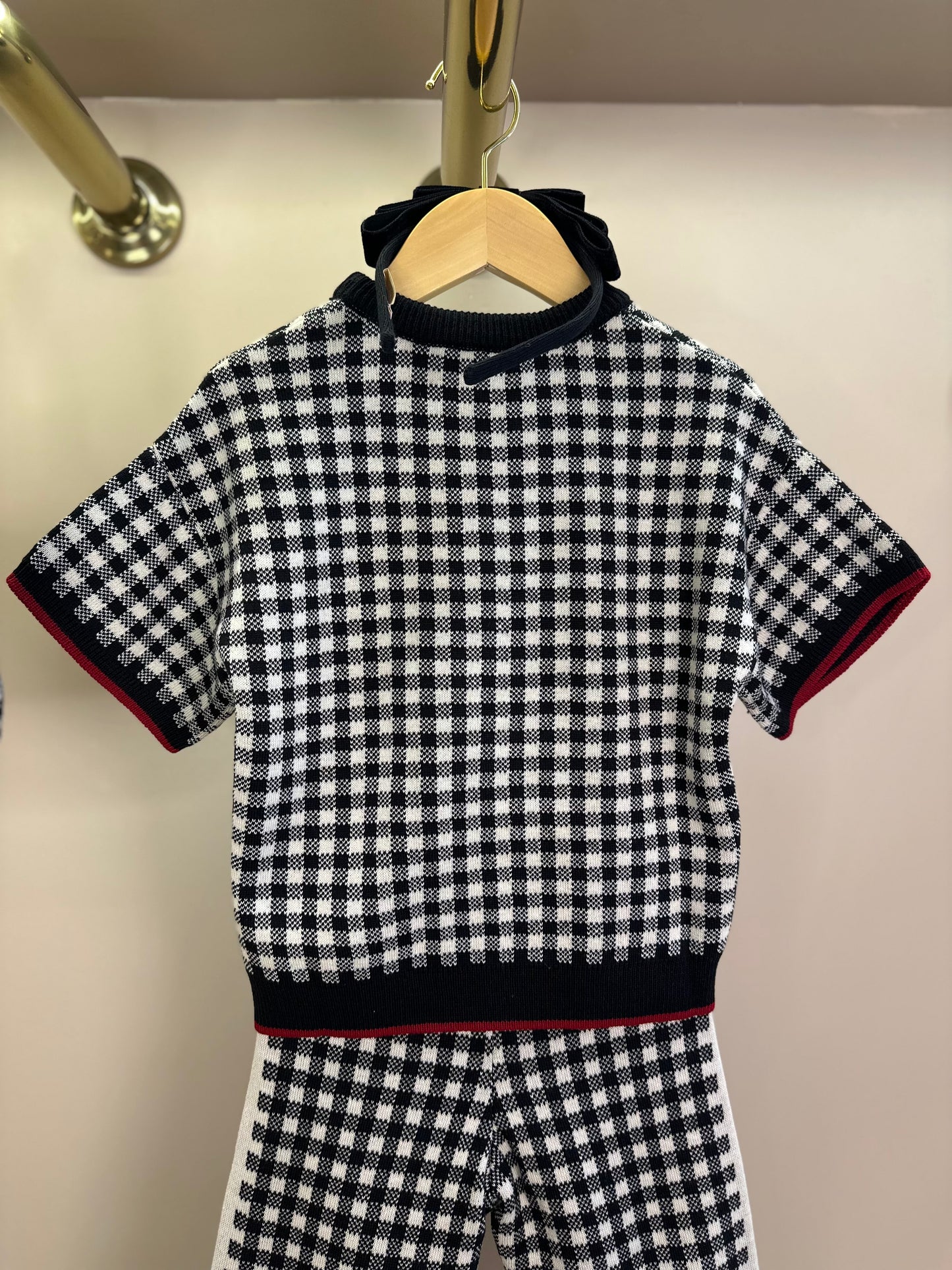 Conjunto Infantil Blusa e Calça Jogging Tricot Xadrez Laço Strass - Pituchinhus